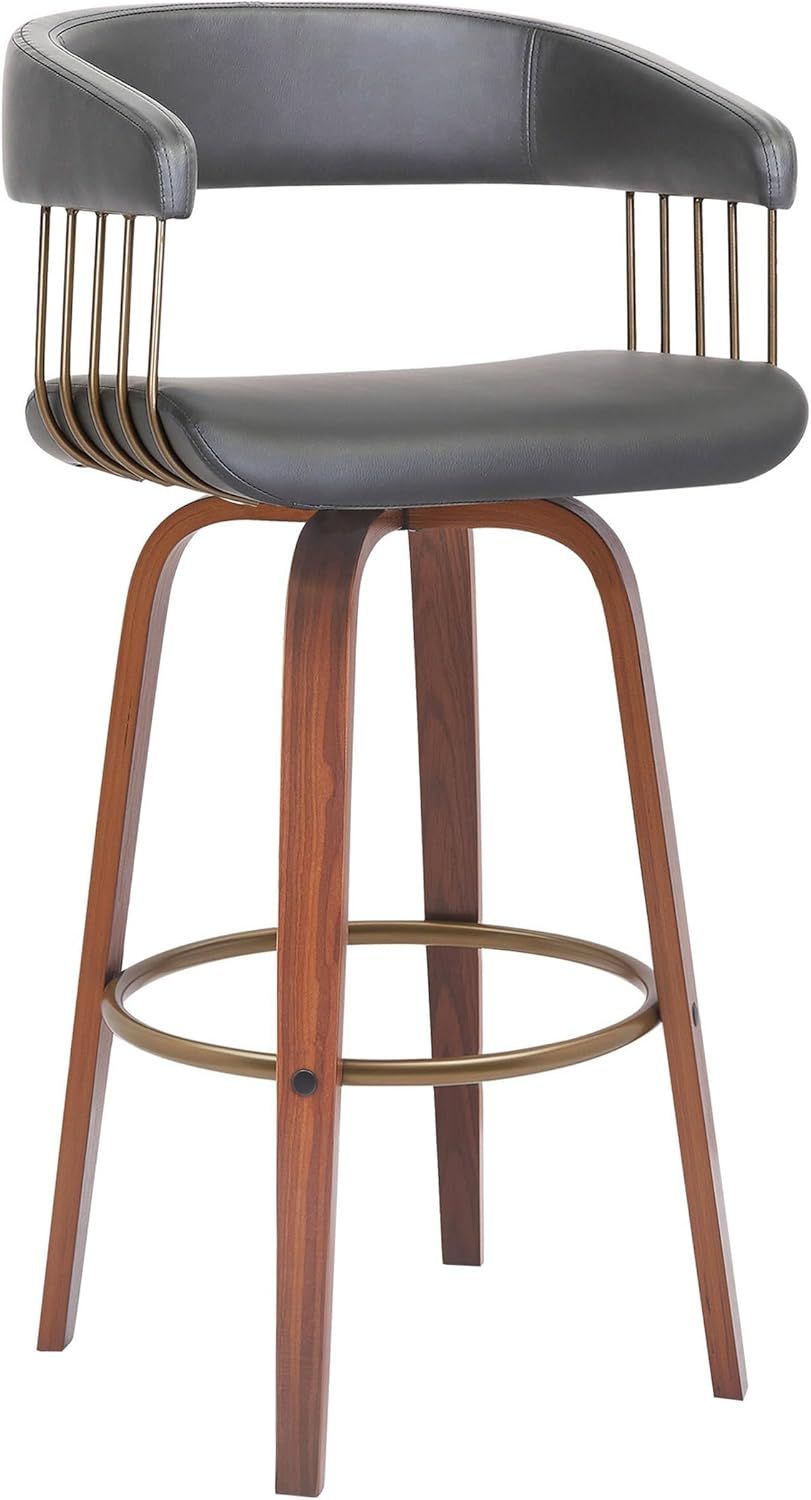 Gray Faux Leather Bronze and Walnut Swivel Barstool