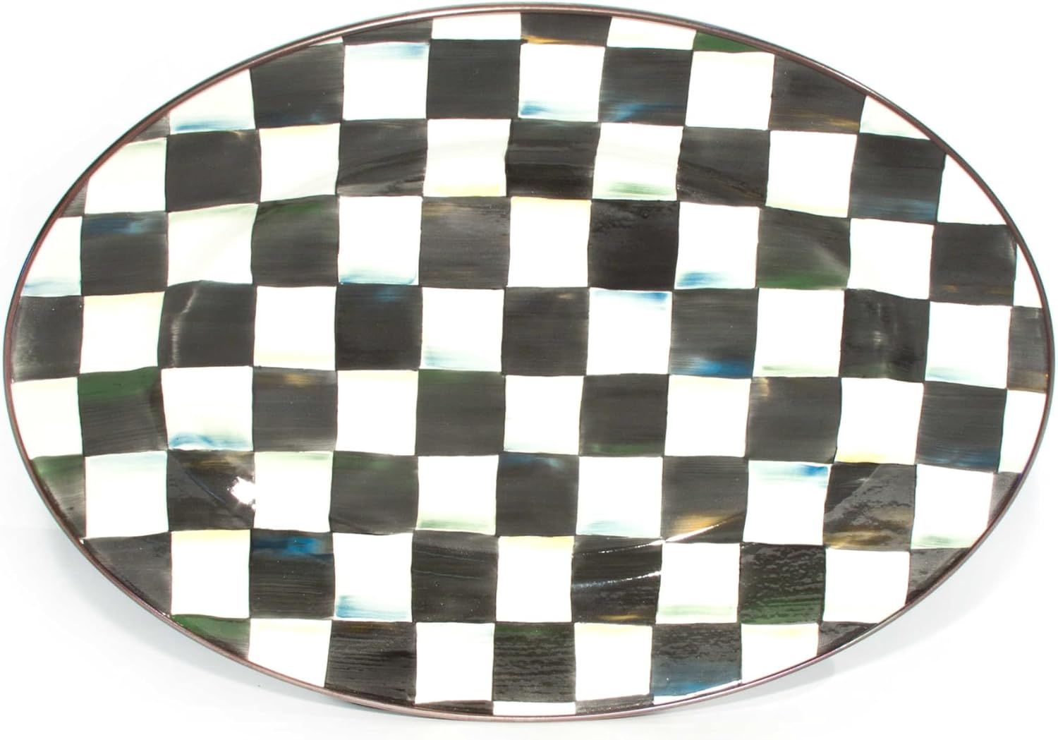 Small Black-and-White Checkered Ceramic Oval Platter