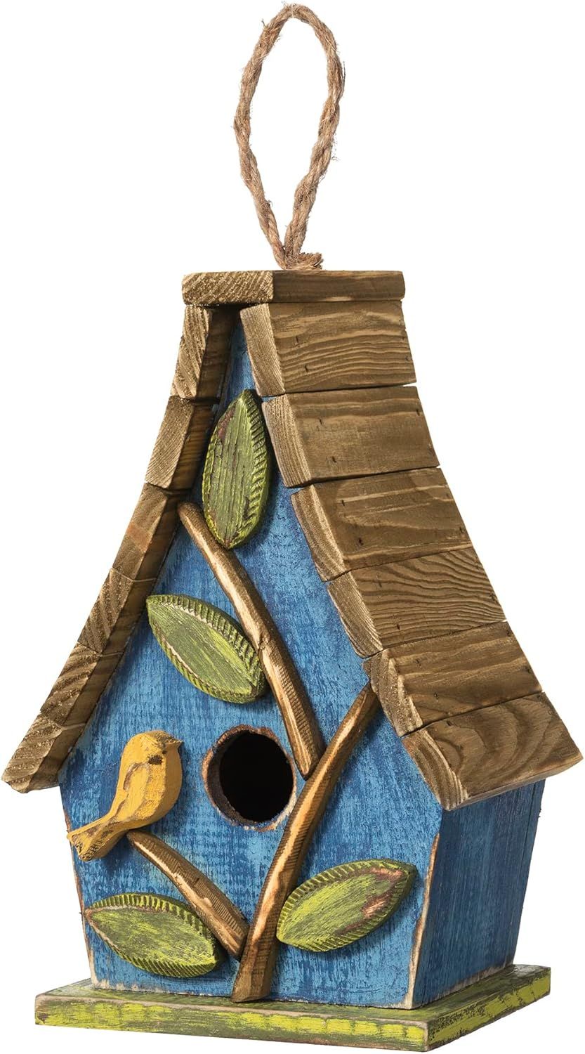 Distressed Blue Wooden Birdhouse with 3D Tree and Slatted Roof