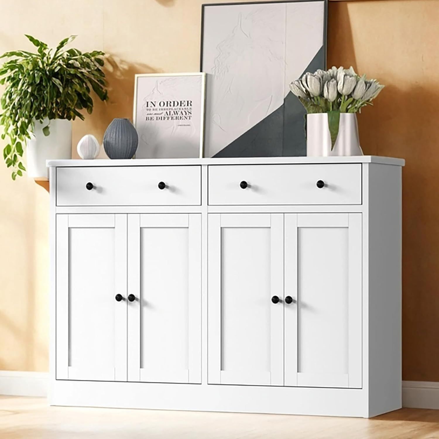 White Modern Buffet Storage Cabinet with 4 Doors and Drawers