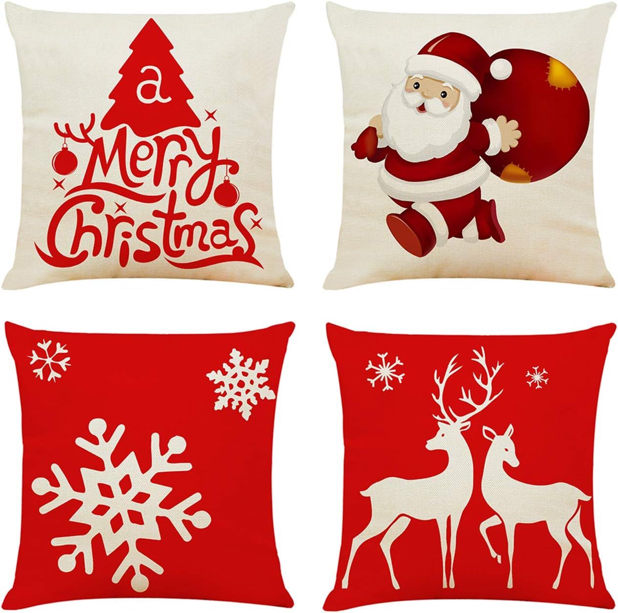 Festive Red and White Cotton Christmas Pillow Covers Set