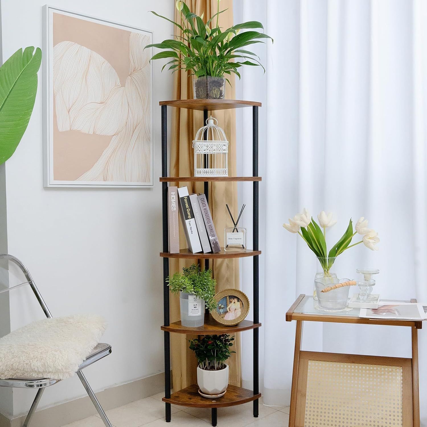 Brown 5-Tier Corner Bookshelf with Black Iron Frame