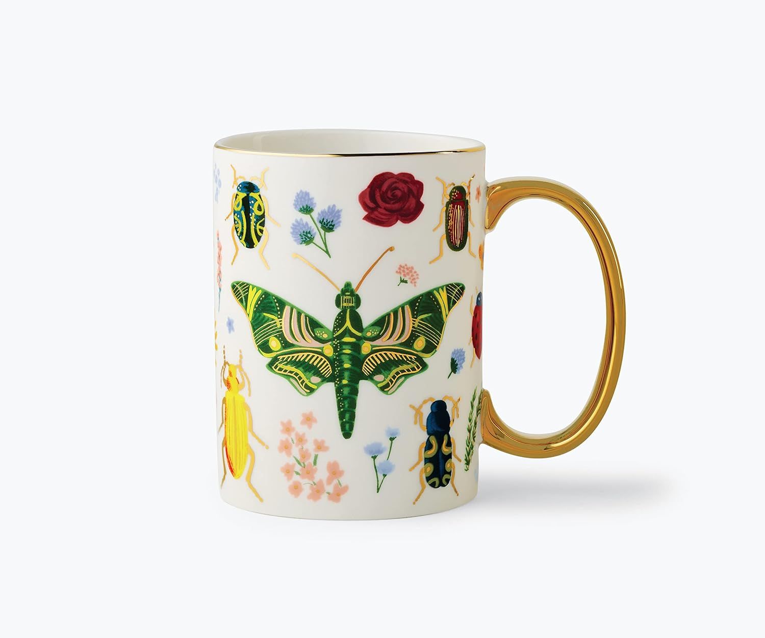 White Ceramic Mug with Gold Accents and Nature Illustrations