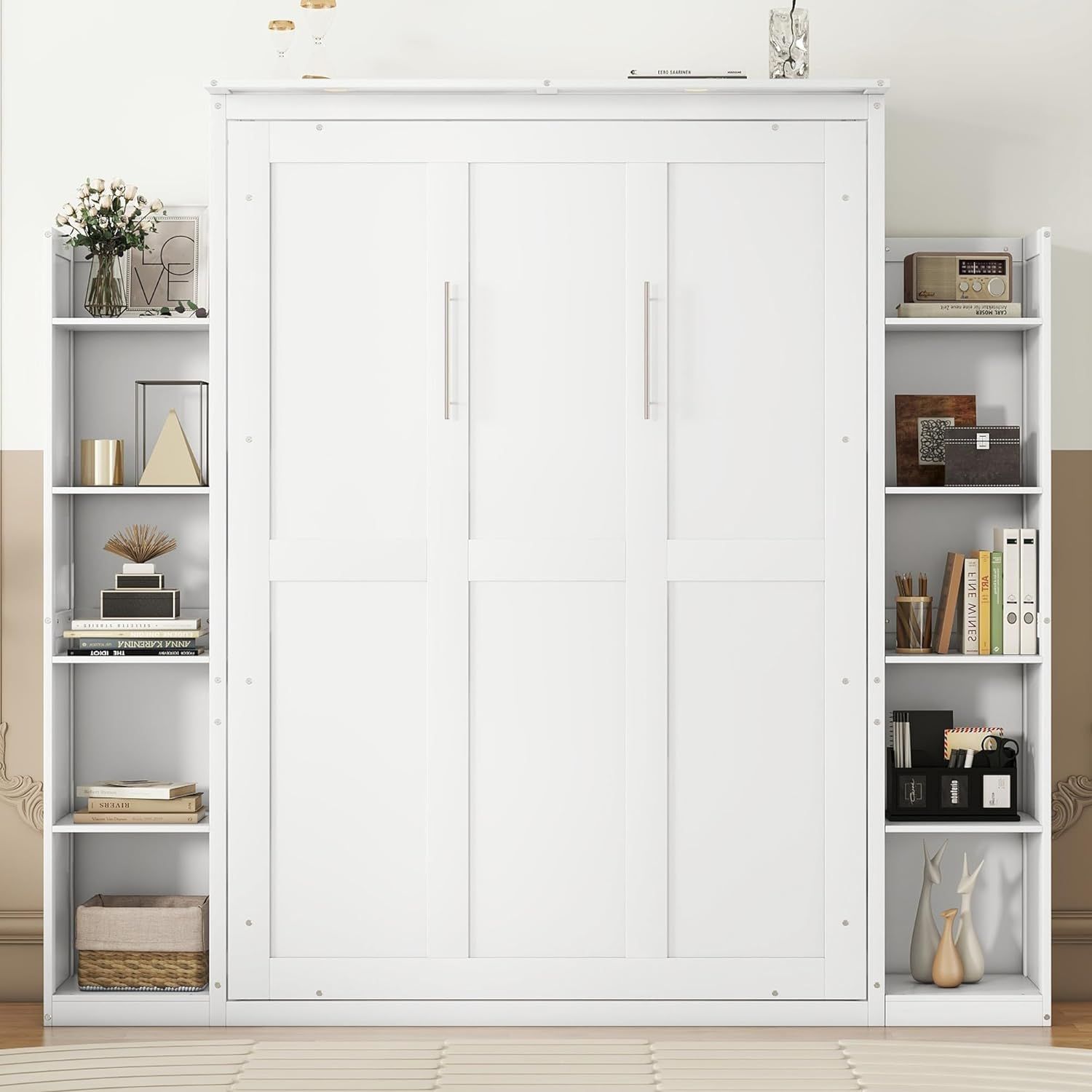 White Full Murphy Bed with Shelves and LED Lights