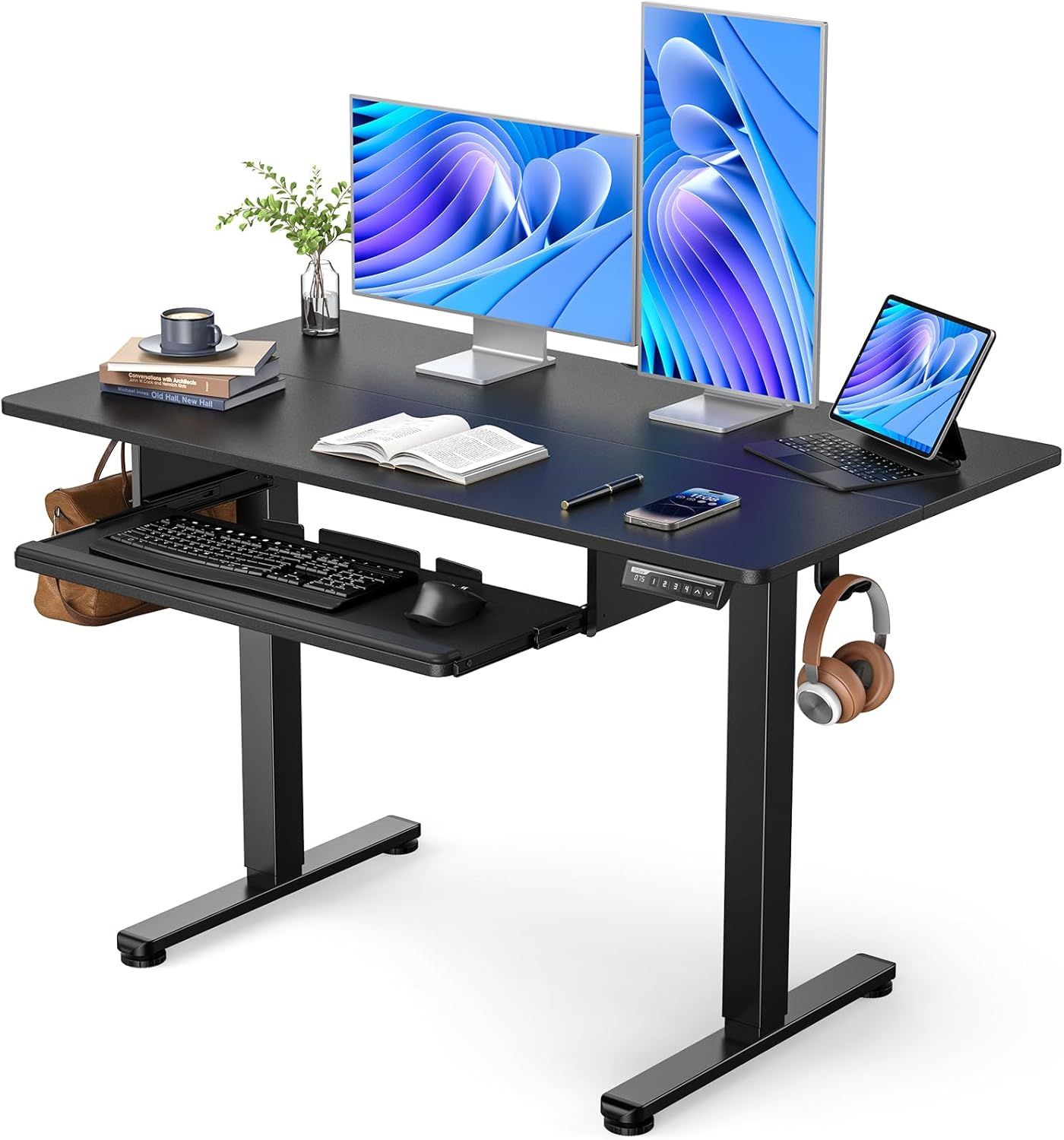 Black Adjustable Height Electric Standing Desk with Keyboard Tray