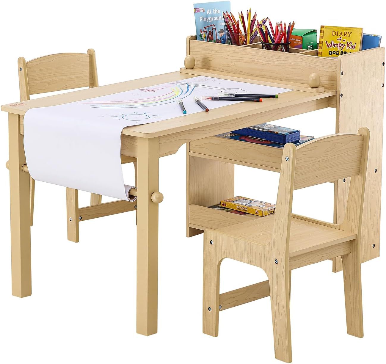 Light Wood Kids Art Table with Storage and Chairs