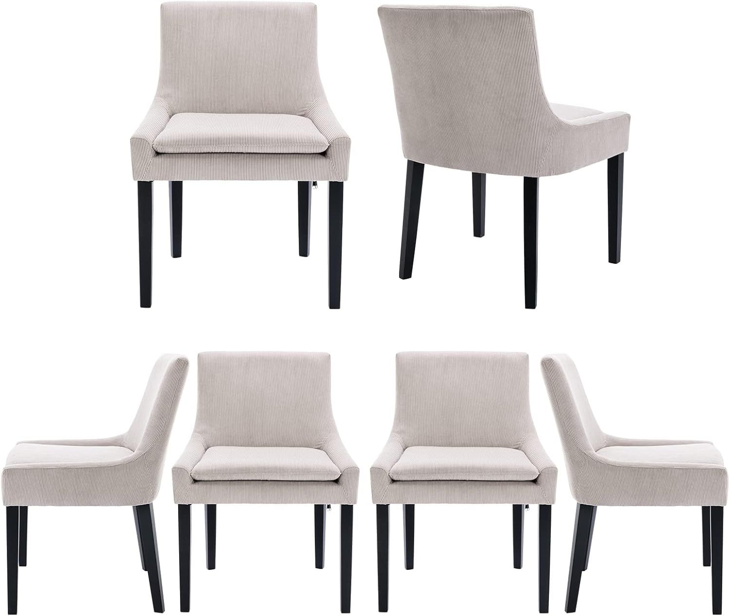 Beige Corduroy Upholstered Dining Chairs with Wood Legs, Set of 6