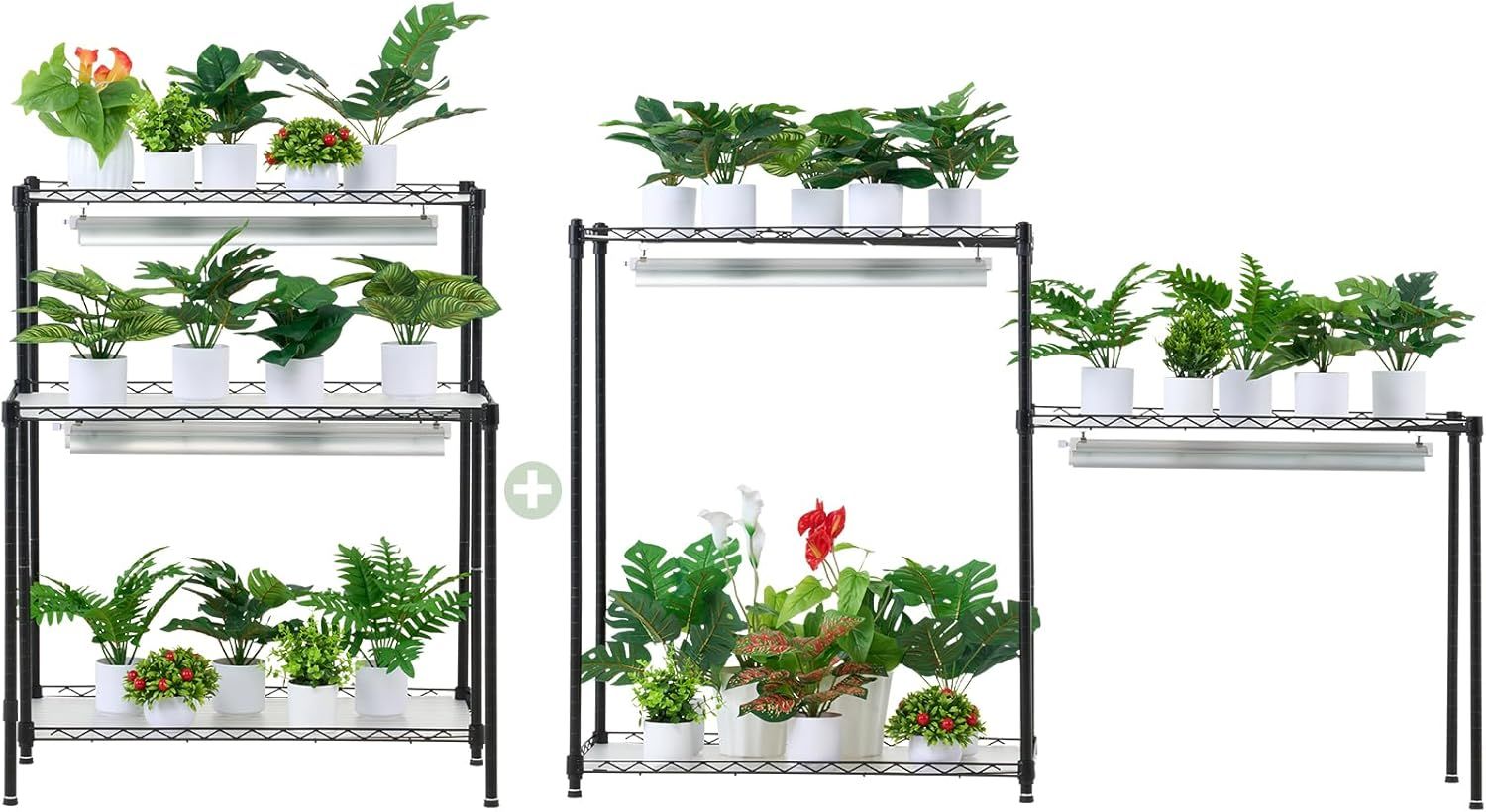 Black Metal 6-Tier Plant Stand with Grow Lights and Wheels