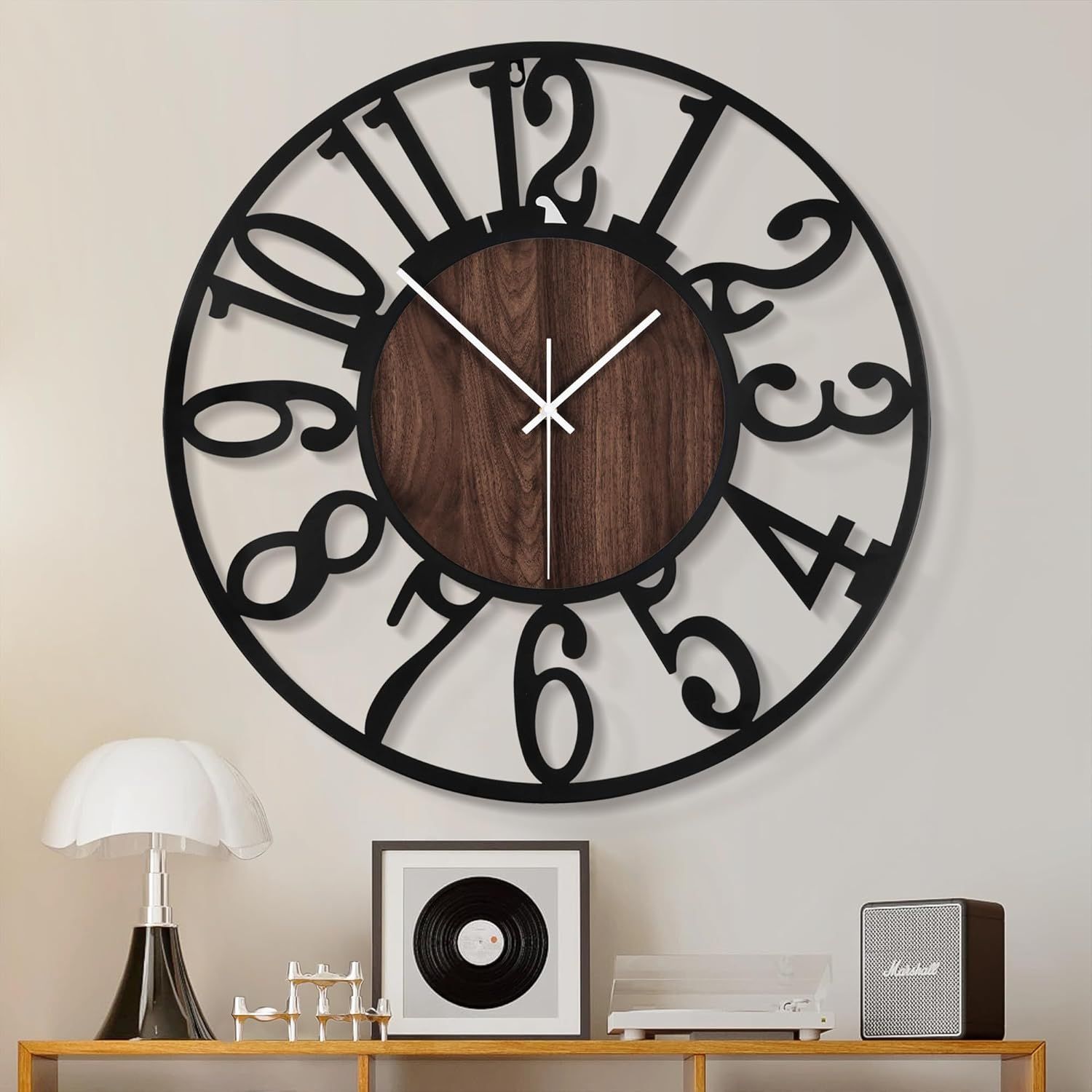 Oversized Black Metal and Wood Silent Wall Clock