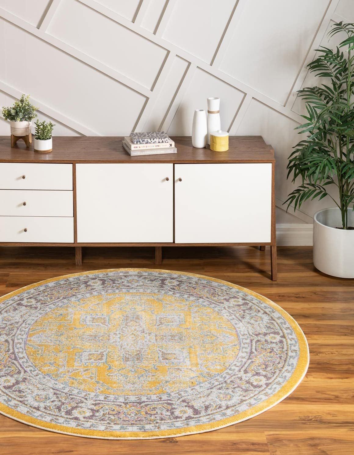 Yellow and Ivory Round Stain-Resistant Area Rug