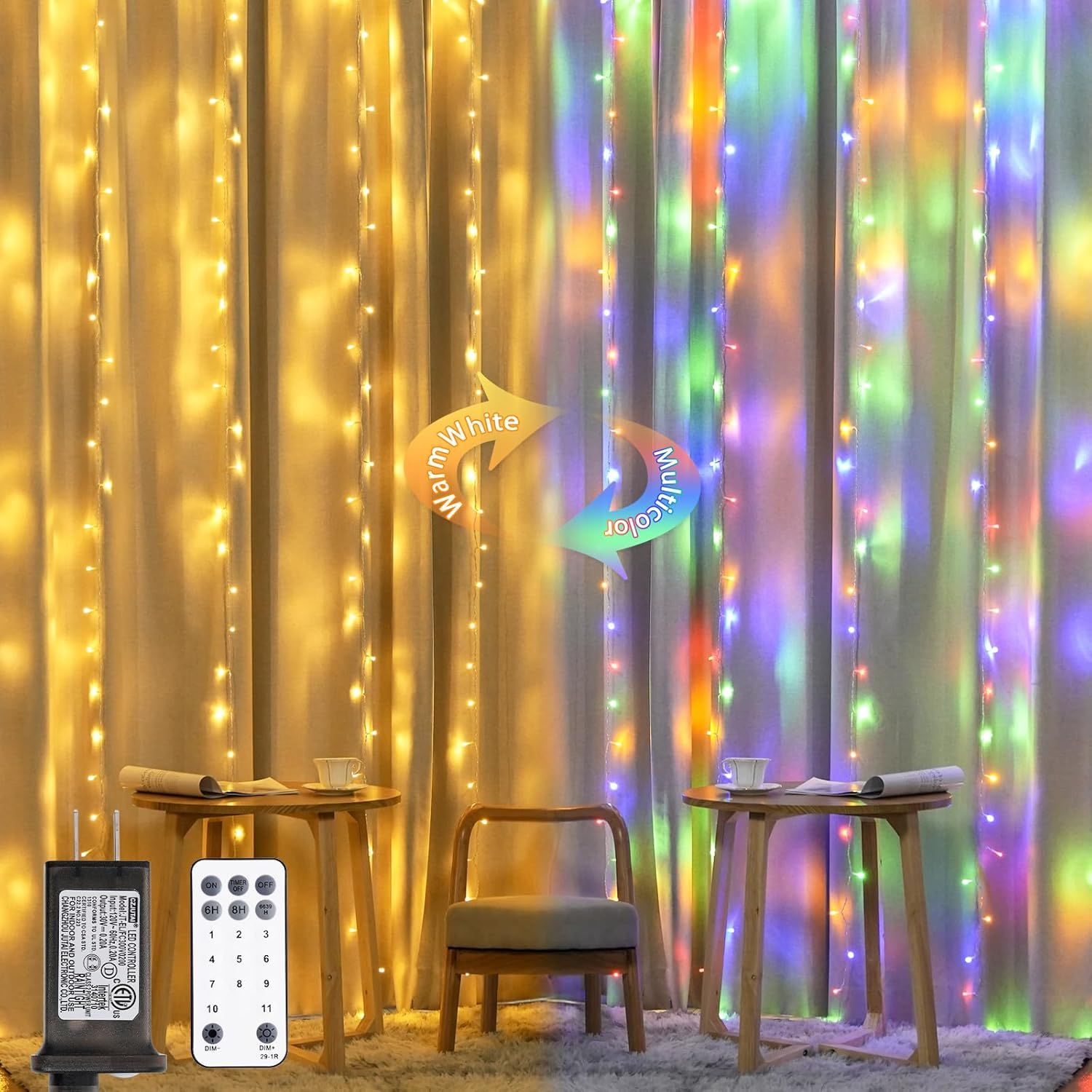 Warm White and Multicolor 300 LED Curtain Fairy Lights