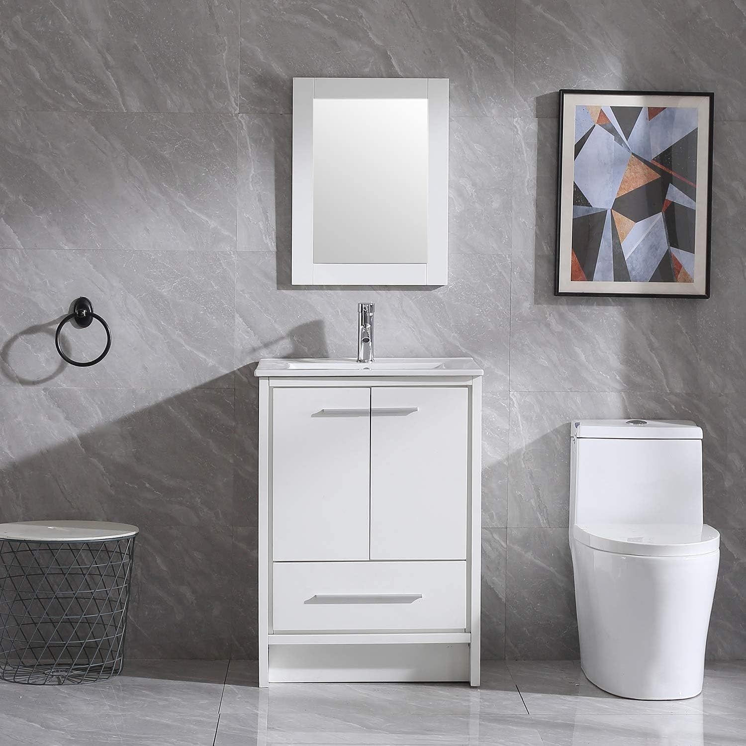 24-Inch White MDF Bathroom Vanity with Ceramic Sink and Mirror