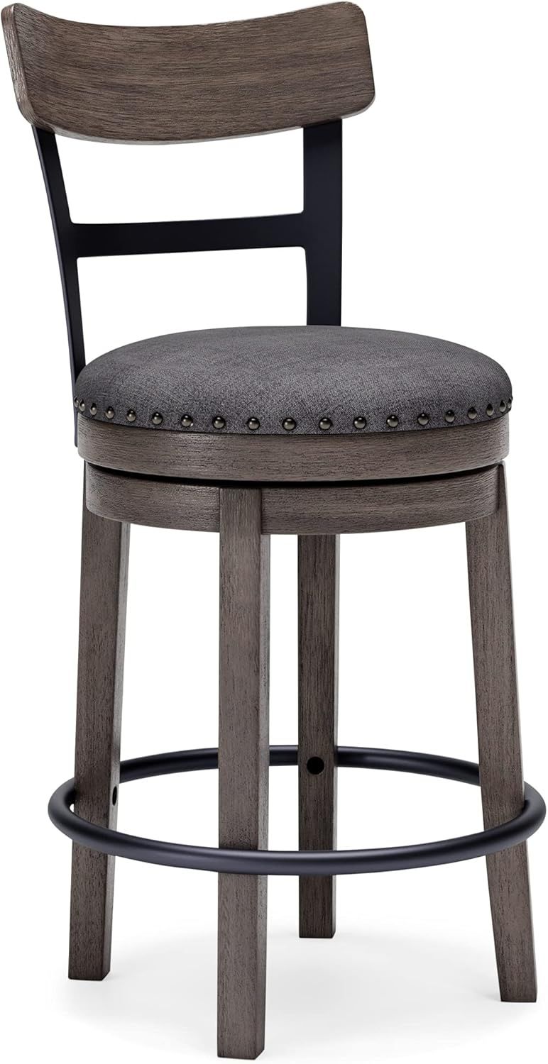 Gray Medium Wood and Metal Swivel Bar Stool with Nailhead Trim