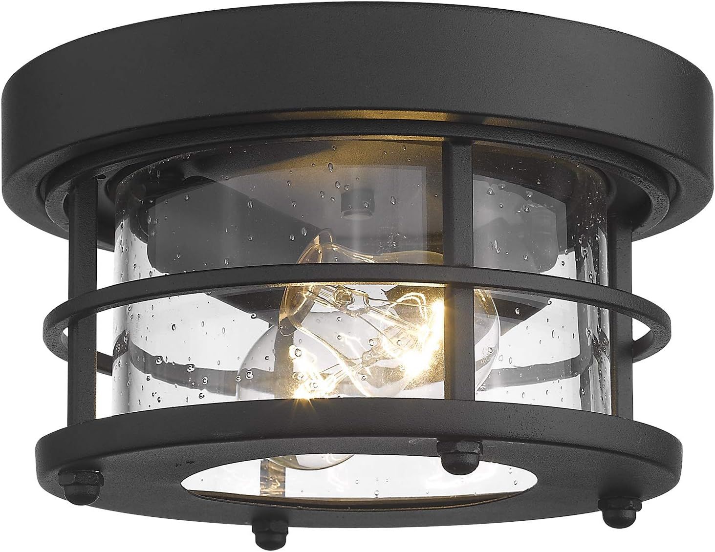 Black Metal and Seeded Glass Round Ceiling Light Fixture