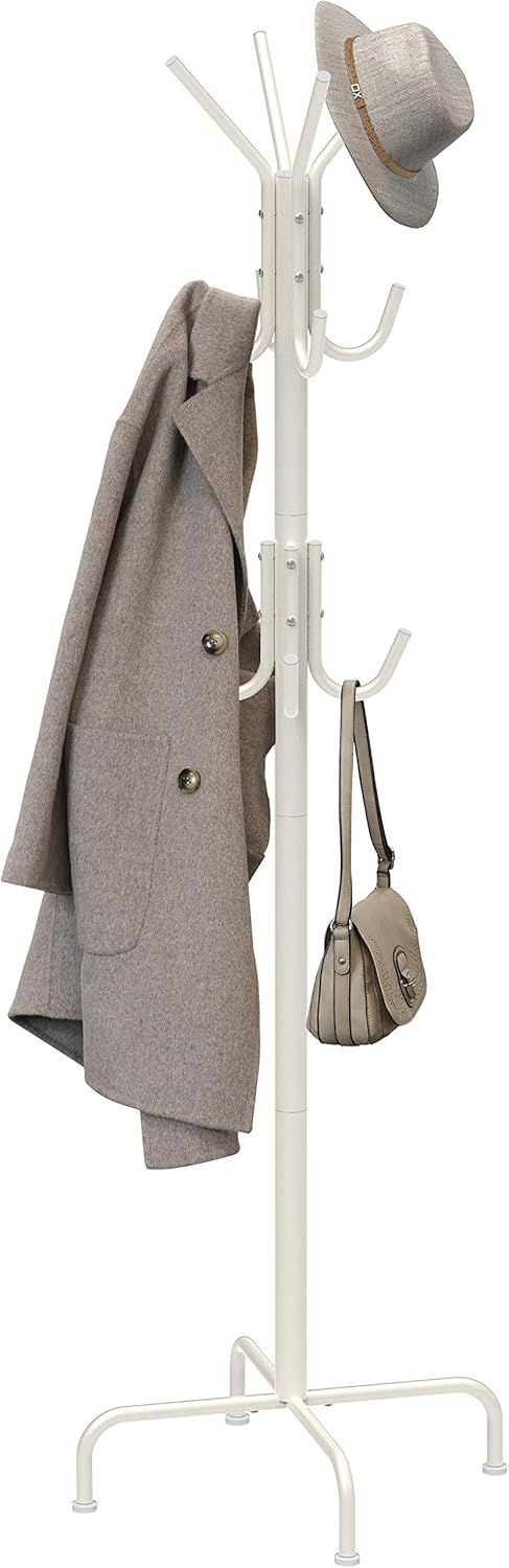 White Metal Standing Coat and Hat Rack with 12 Hooks