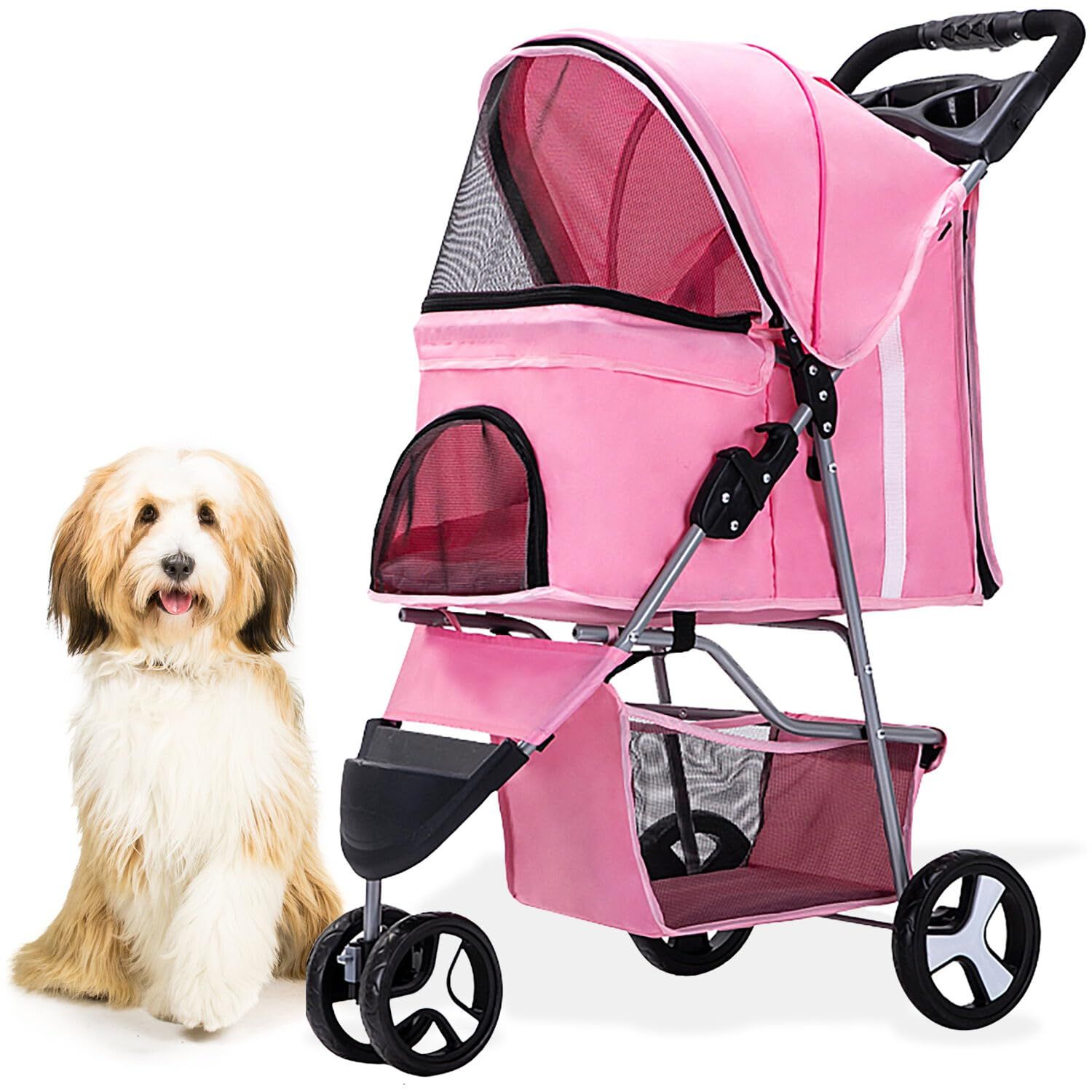 Critter Sitters 3-Wheel Jogging Dog Stroller with Storage Basket and Cup Holders, Modern and Stylish Pet Stroller for Medium Sized Animals up to 33 Pounds, Cat Stroller for Cats and Small Dogs, Pink