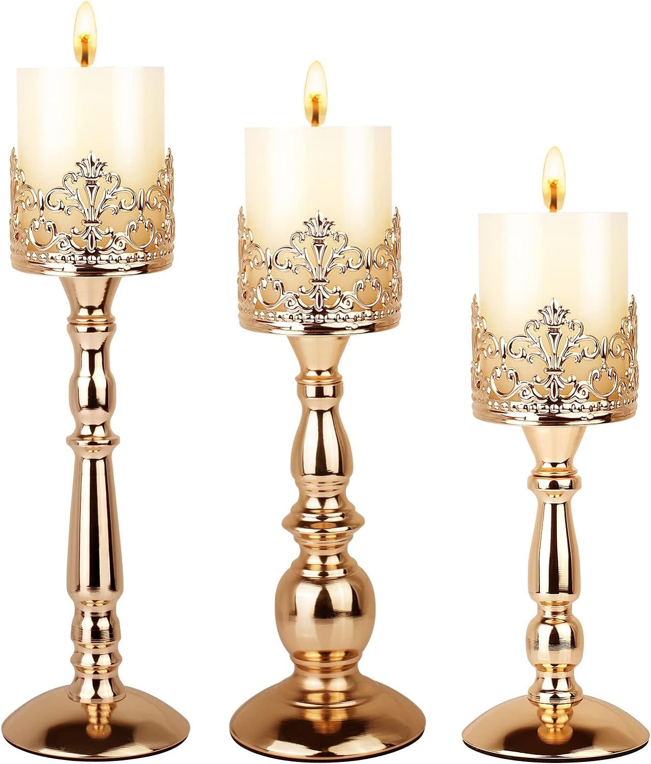 Gold Vintage Iron Pillar Candle Holders Set of 3