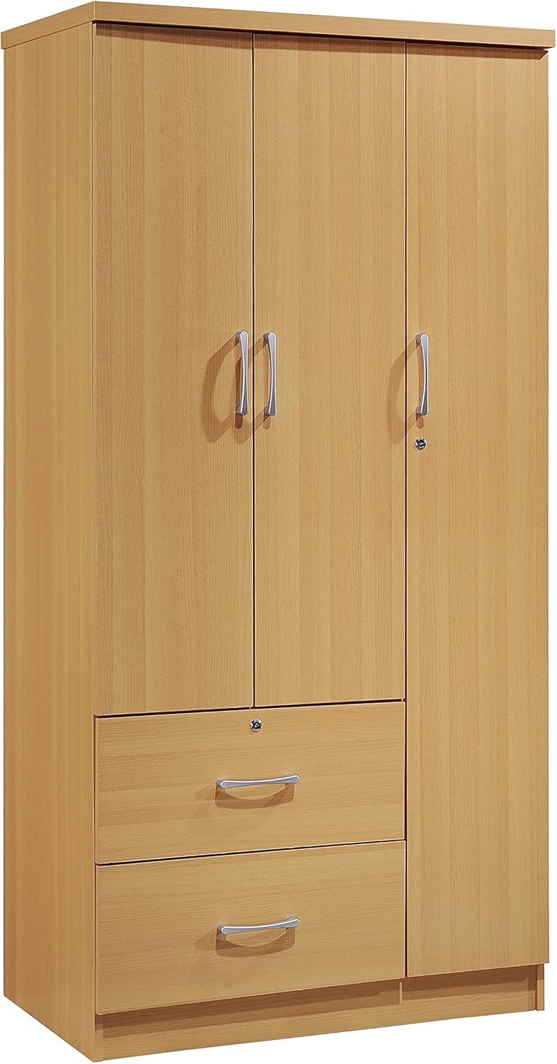 Beech 3-Door Armoire with Drawers and Shelves