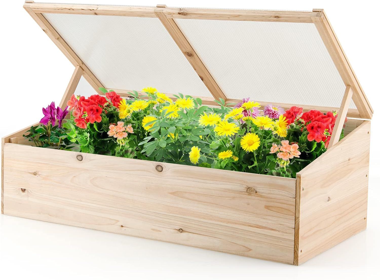 Natural Fir Wood Outdoor Raised Garden Bed with Flip Top Lid