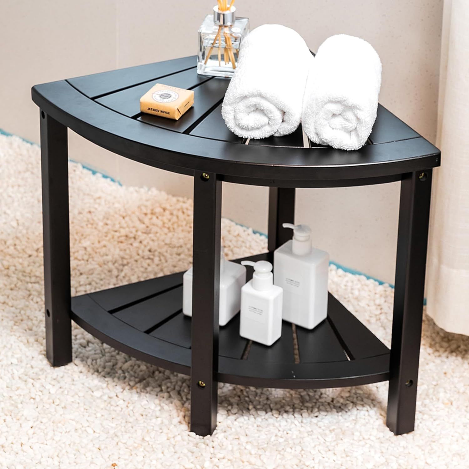 Black Bamboo Corner Shower Bench with Storage Shelf