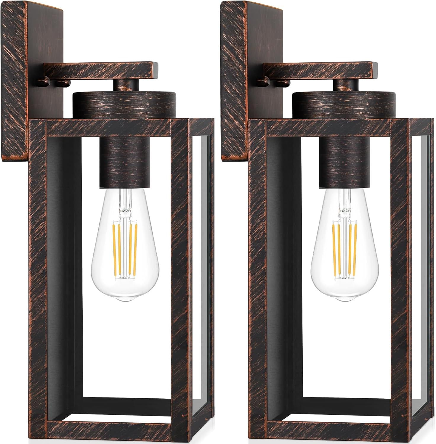 Brown Metal and Glass Modern Outdoor Wall Lanterns, 2-Pack