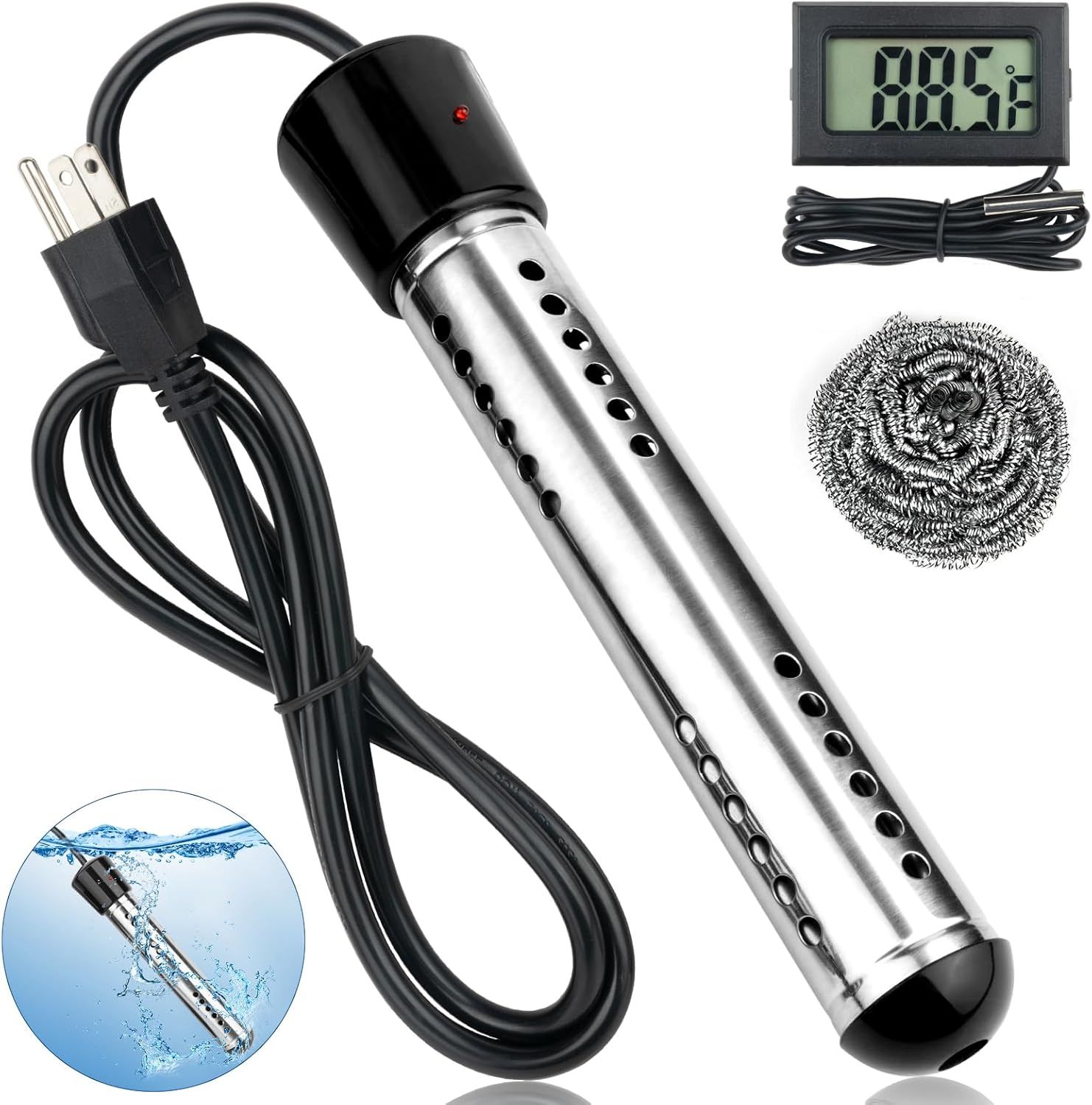 2000W Stainless Steel Portable Immersion Water Heater with Thermometer