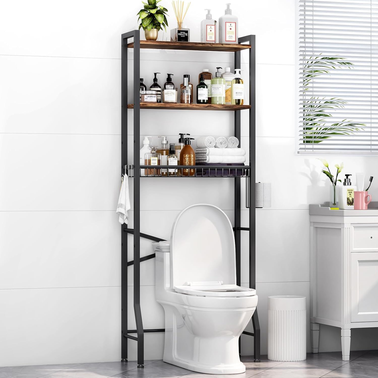 Rustic Brown 3-Tier Over-The-Toilet Storage Rack with Basket