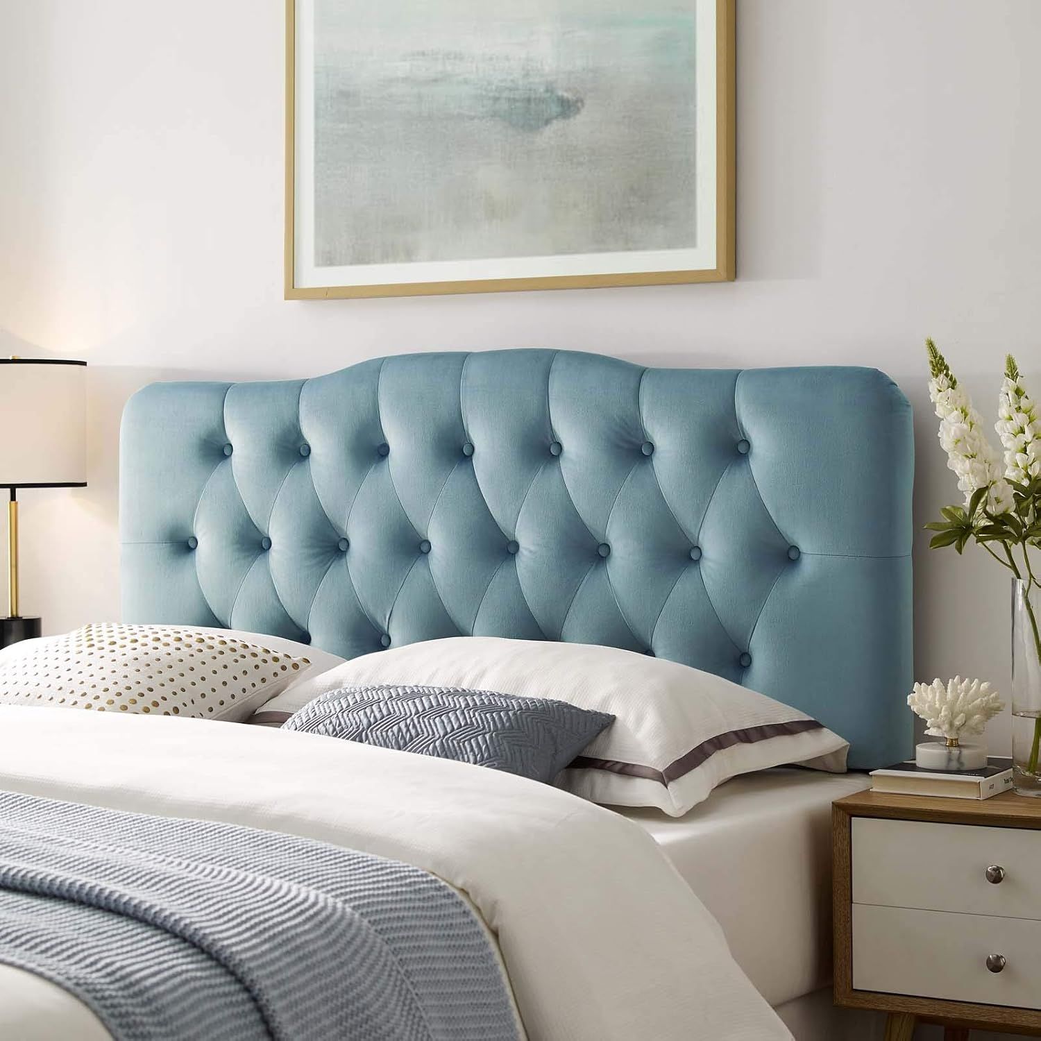 Elegant Light Blue Velvet Tufted Queen Headboard