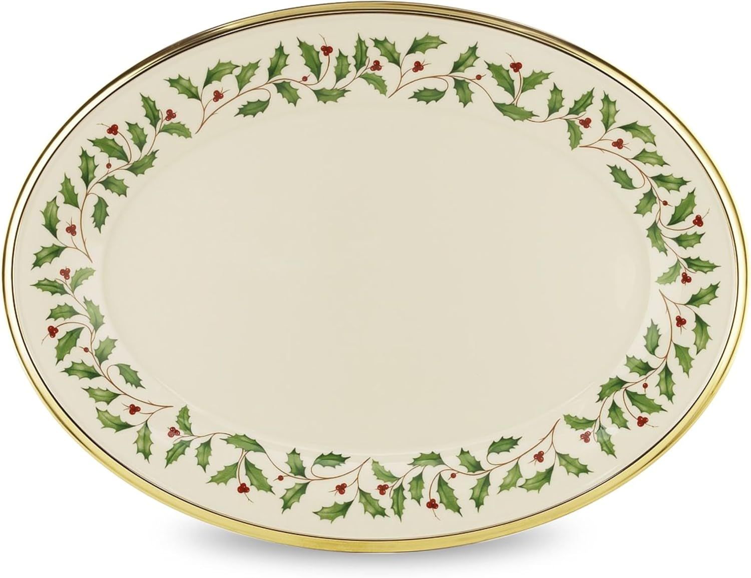 Ivory Ceramic Oval Platter with Gold Rim and Holly Design