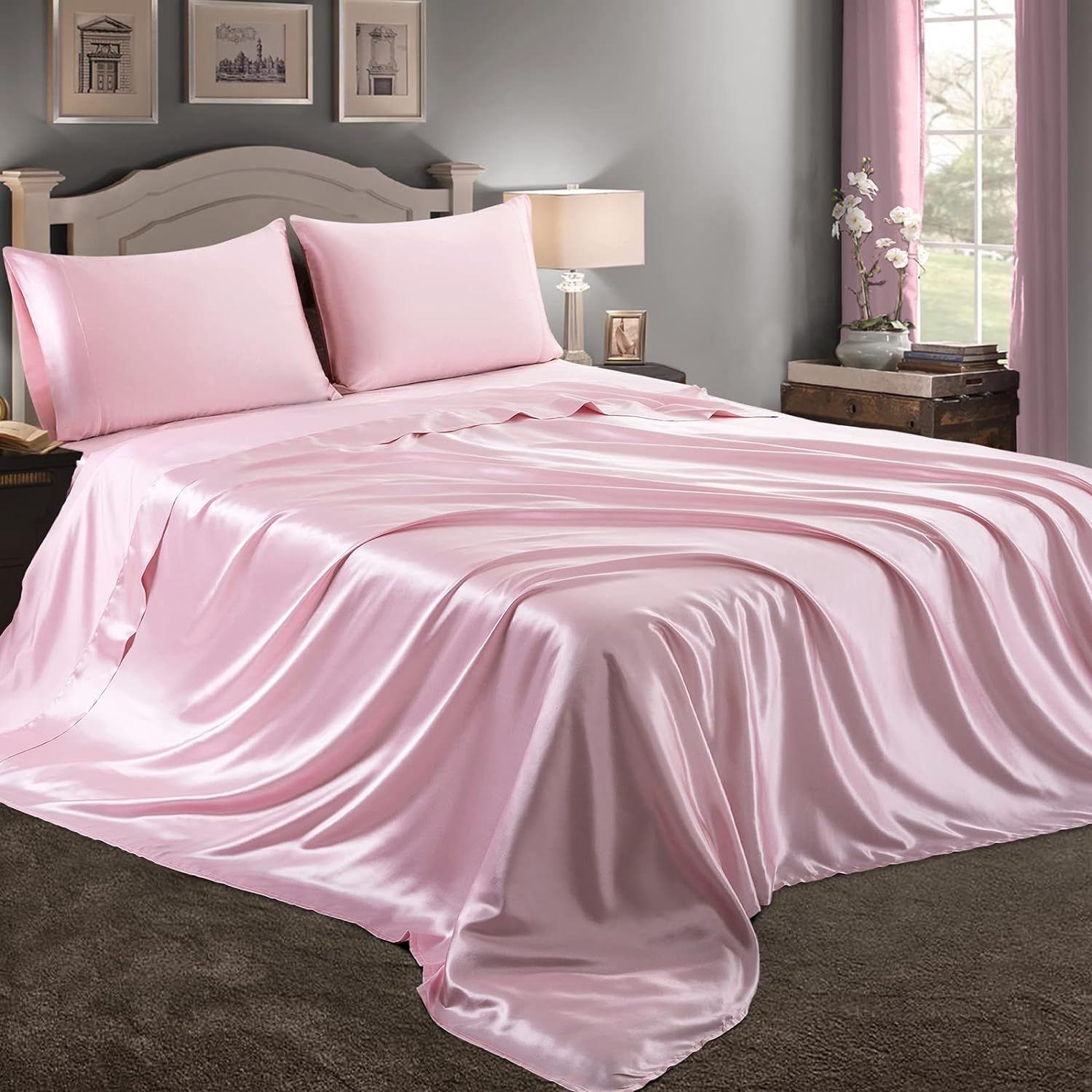 Queen Pink Satin Deep Pocket 4-Piece Sheet Set