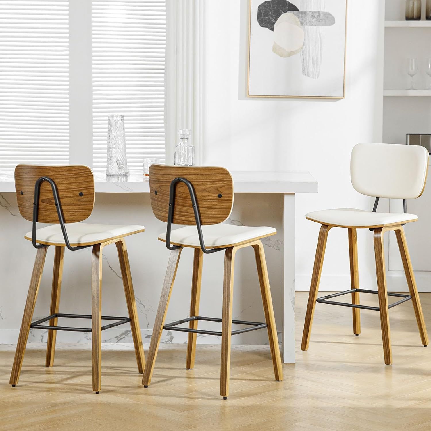 Cream PU Leather Upholstered Wood Counter Stools, Set of 3