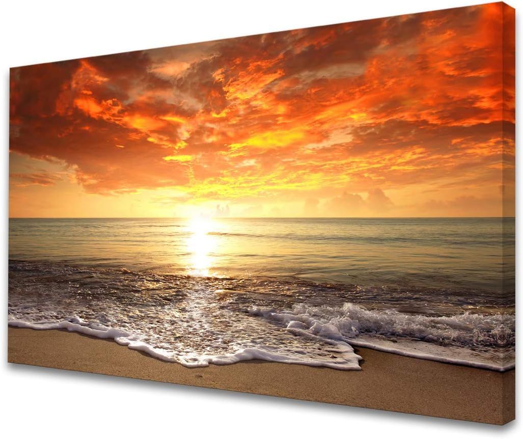 Sunset Ocean Beach Landscape Canvas Print in Orange and Yellow