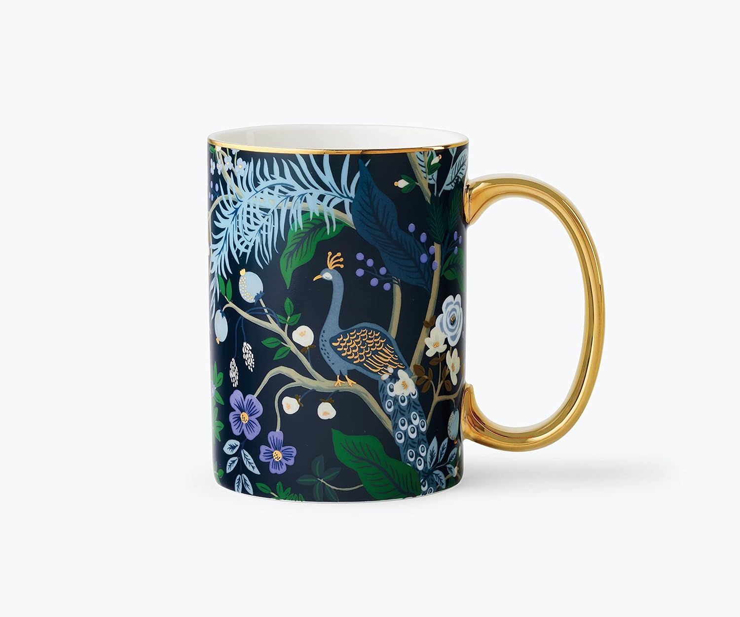 Midnight Blue Ceramic Peacock Mug with Gold Accents