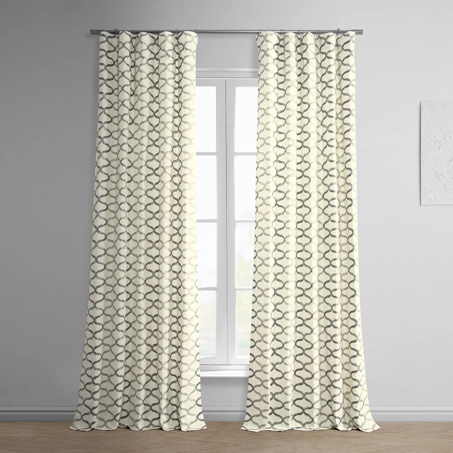 Silver Geometric Cotton Room-Darkening 96" Window Curtains