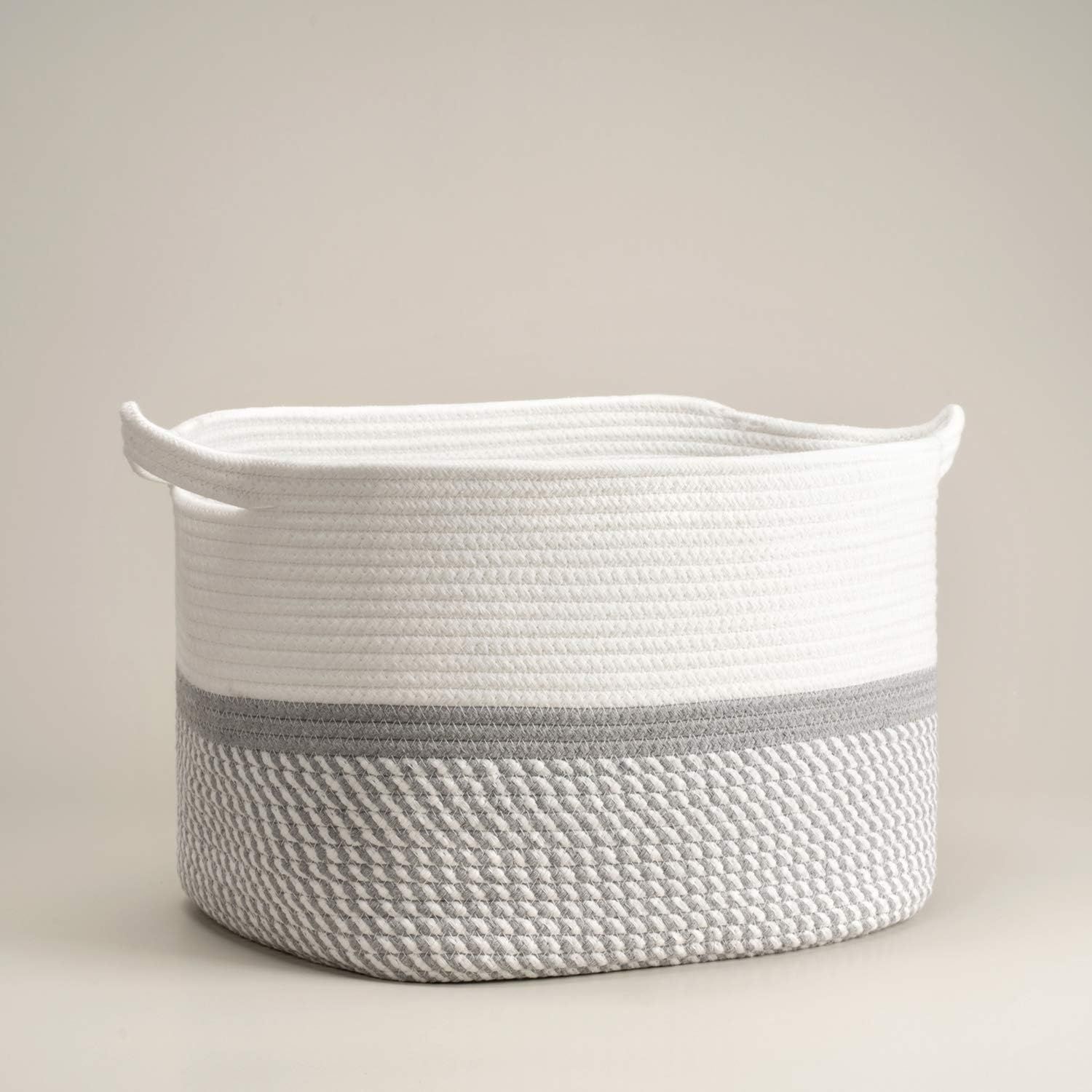 White and Gray Cotton Rope Rectangular Storage Basket