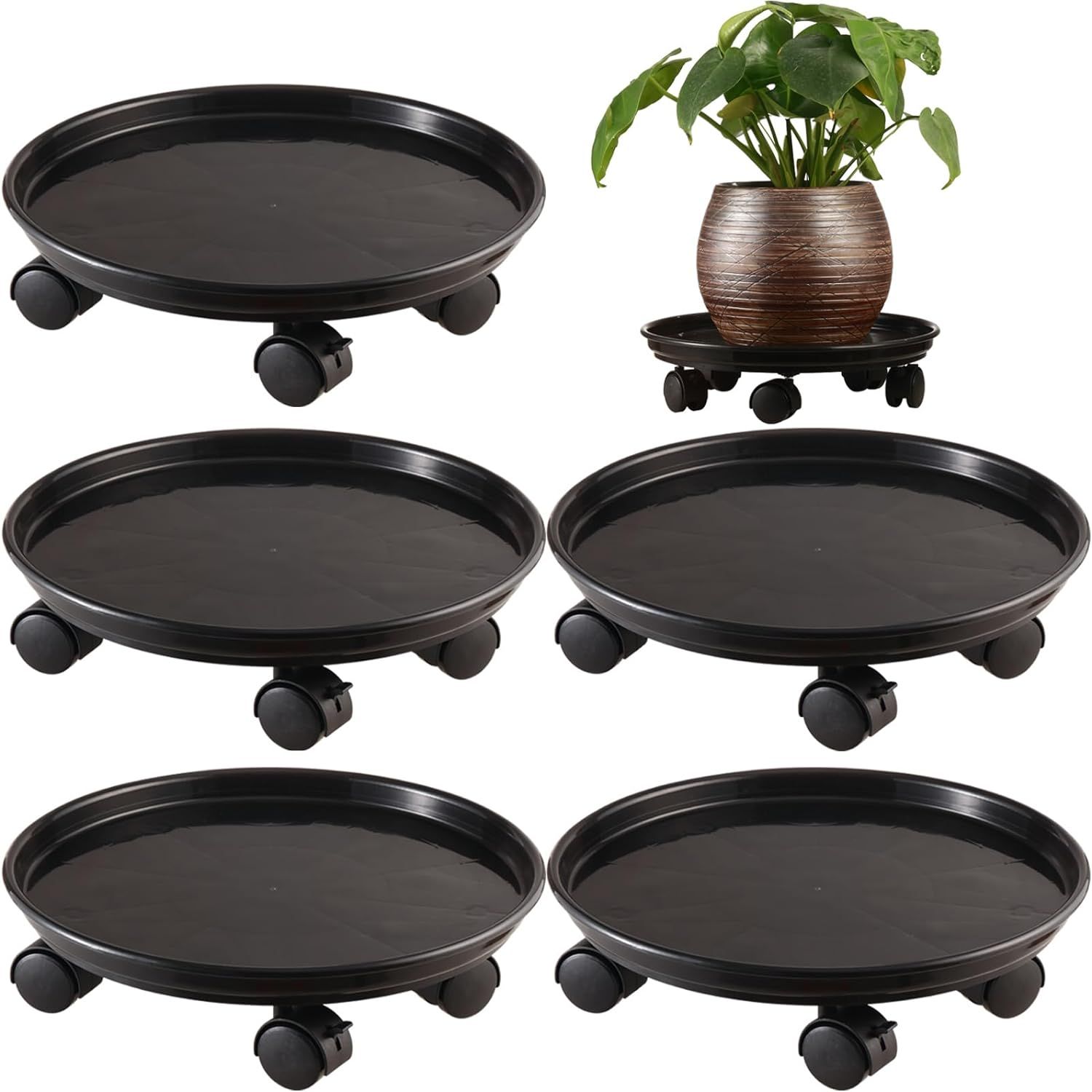 Black Extra-Large Plastic Plant Caddy with Wheels, Set of 5