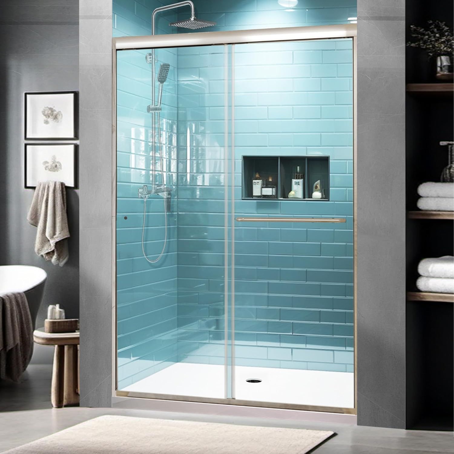 Brushed Nickel Semi-Frameless Sliding Shower Door with Clear Glass