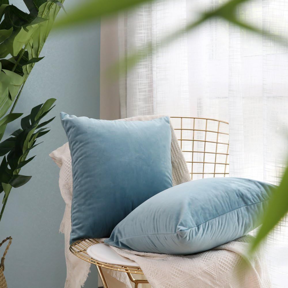 Velvet Soft Light Blue Decorative Square Throw Pillow Covers Set