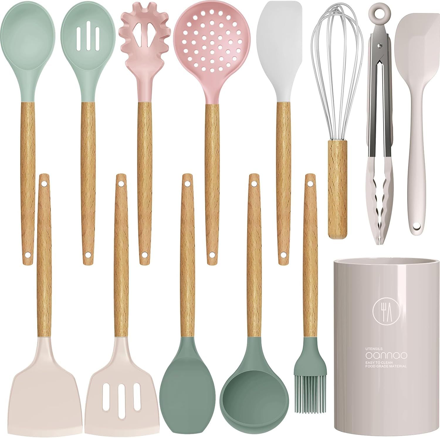 Colorful Silicone and Wood 13-Piece Cooking Utensil Set