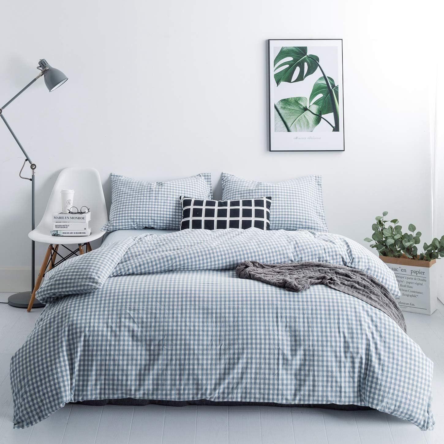 Light Blue Gingham Cotton Queen Duvet Cover Set