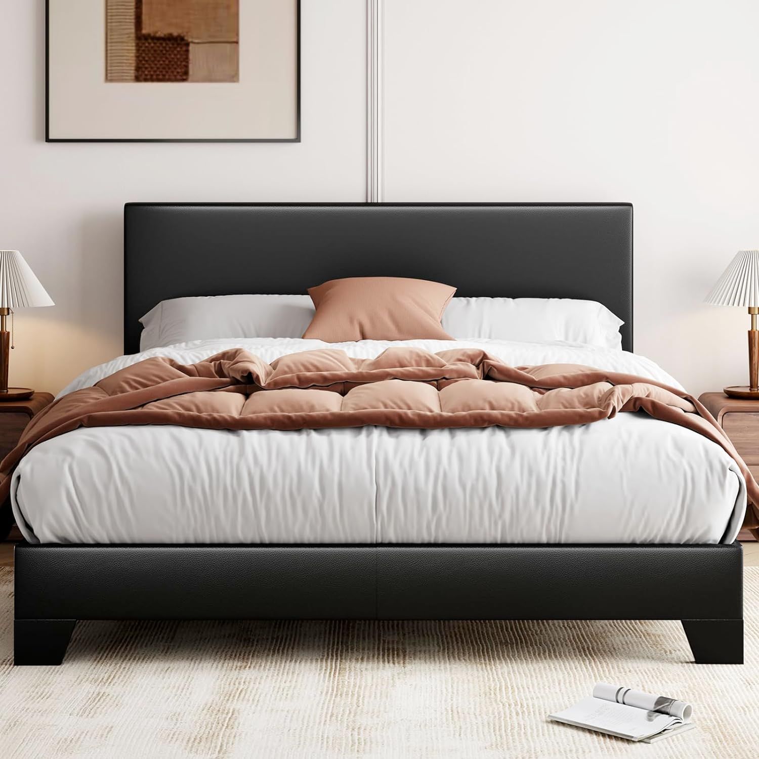 Black Faux Leather Queen Upholstered Bed Frame with Adjustable Headboard