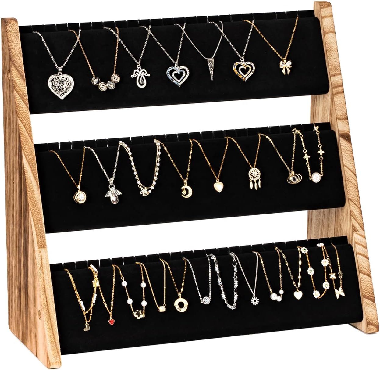 Rustic 3-Tier Natural Wood and Black Velvet Necklace Organizer Stand