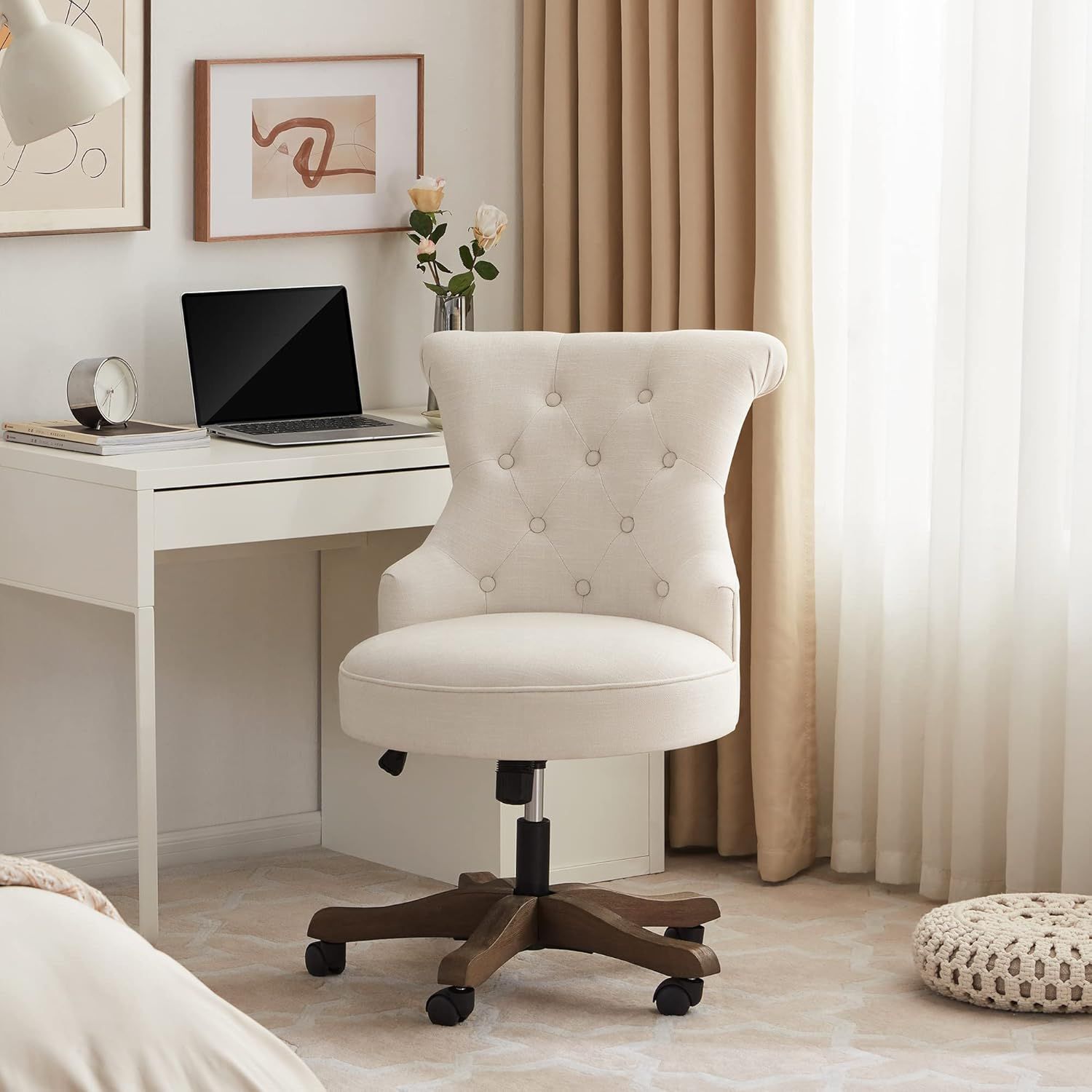 Beige Linen Upholstered Swivel Office Chair with Wooden Legs