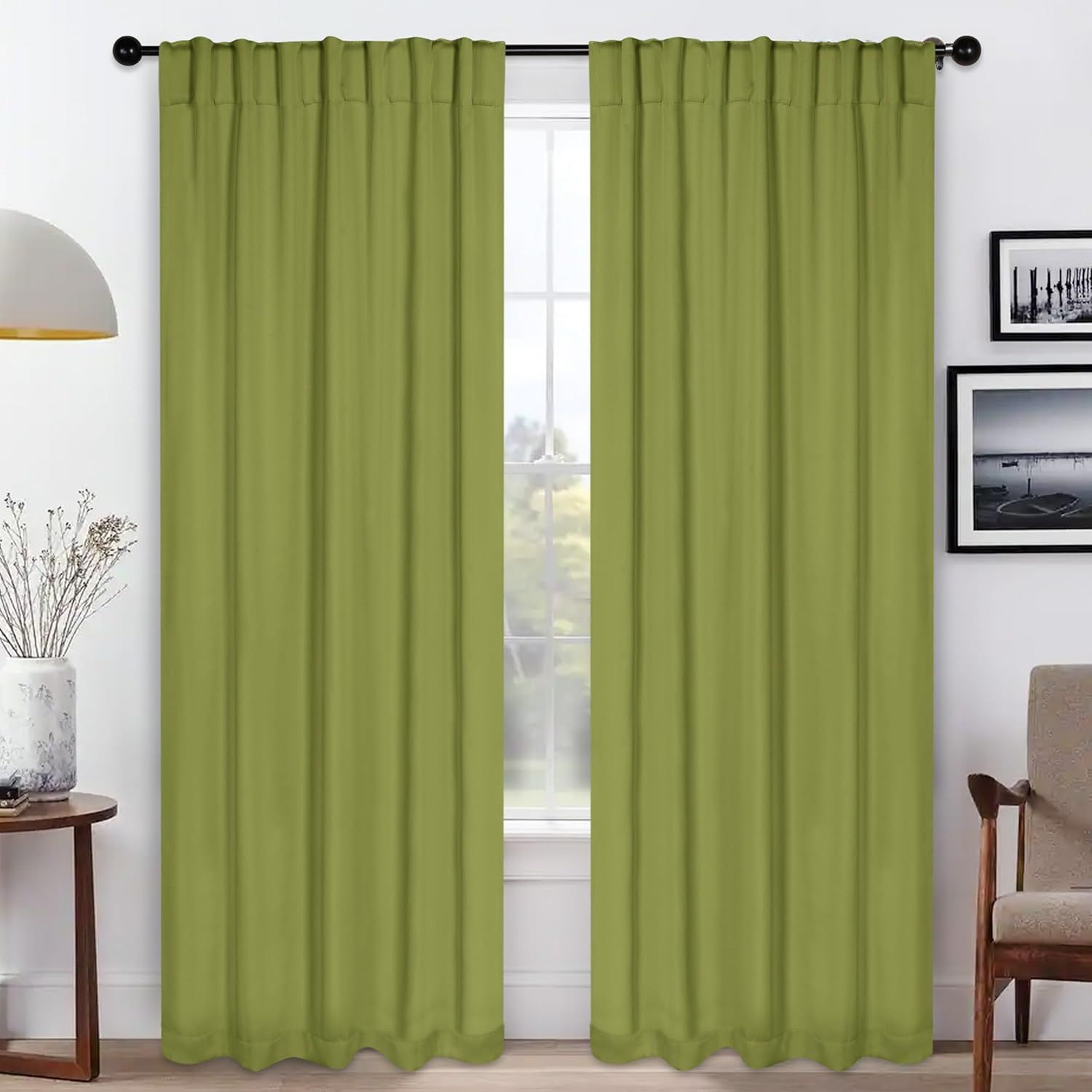 Superior Blackout Curtains, Room Darkening, Bedroom, Drapes, Kitchen, Living Room Window Accents, Sun Blocking, Thermal, 2 Pack, Solid Blackout Back Tab Curtains, Set of 2, 52" x 84", Sage