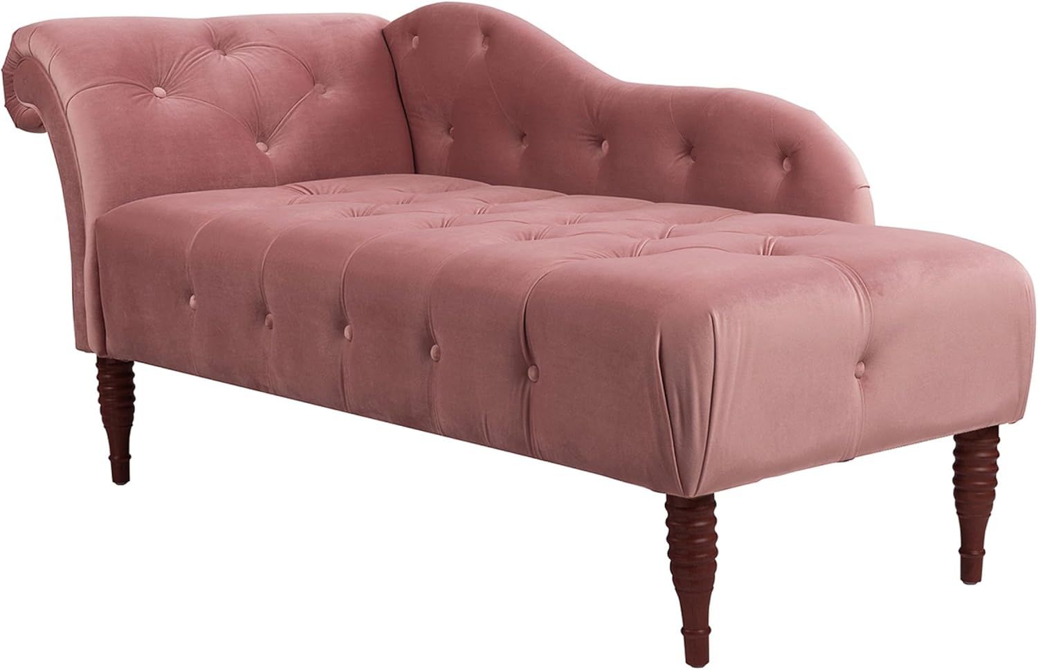 Ash Rose Velvet Handcrafted Chaise Lounge with Tufted Roll Arm