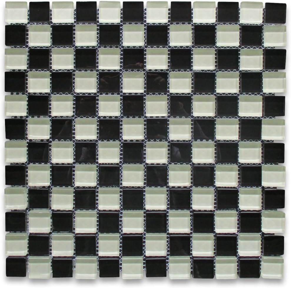 White and Black Glass Square Mosaic Tile Sheet