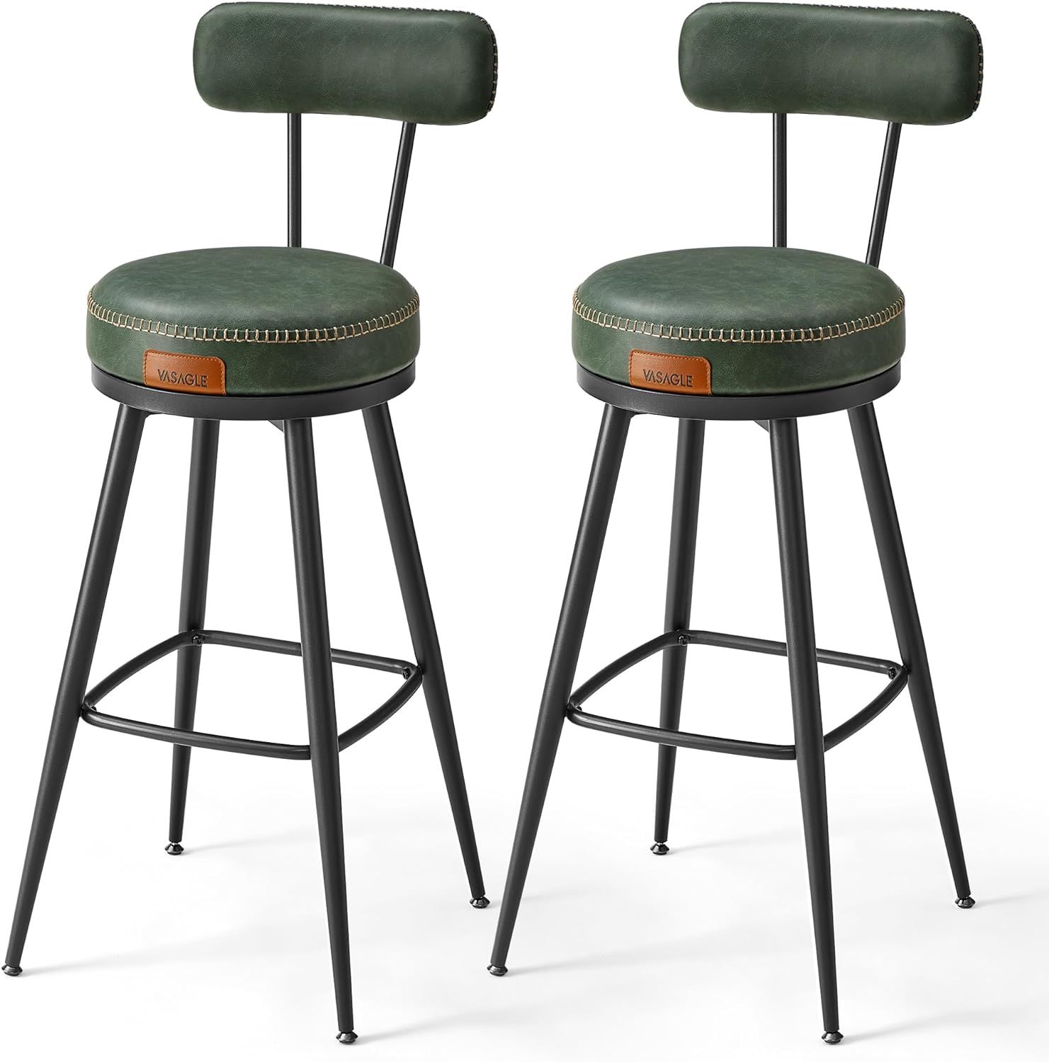 Forest Green Leather Swivel Bar Stools with Backrest, Set of 2