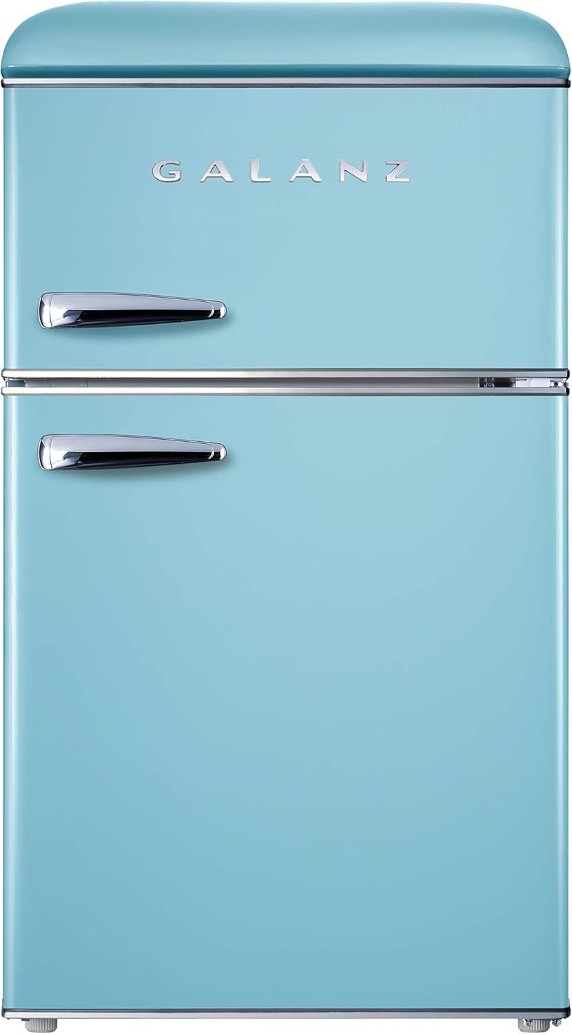 Retro Blue Compact Double Door Mini Fridge with Freezer