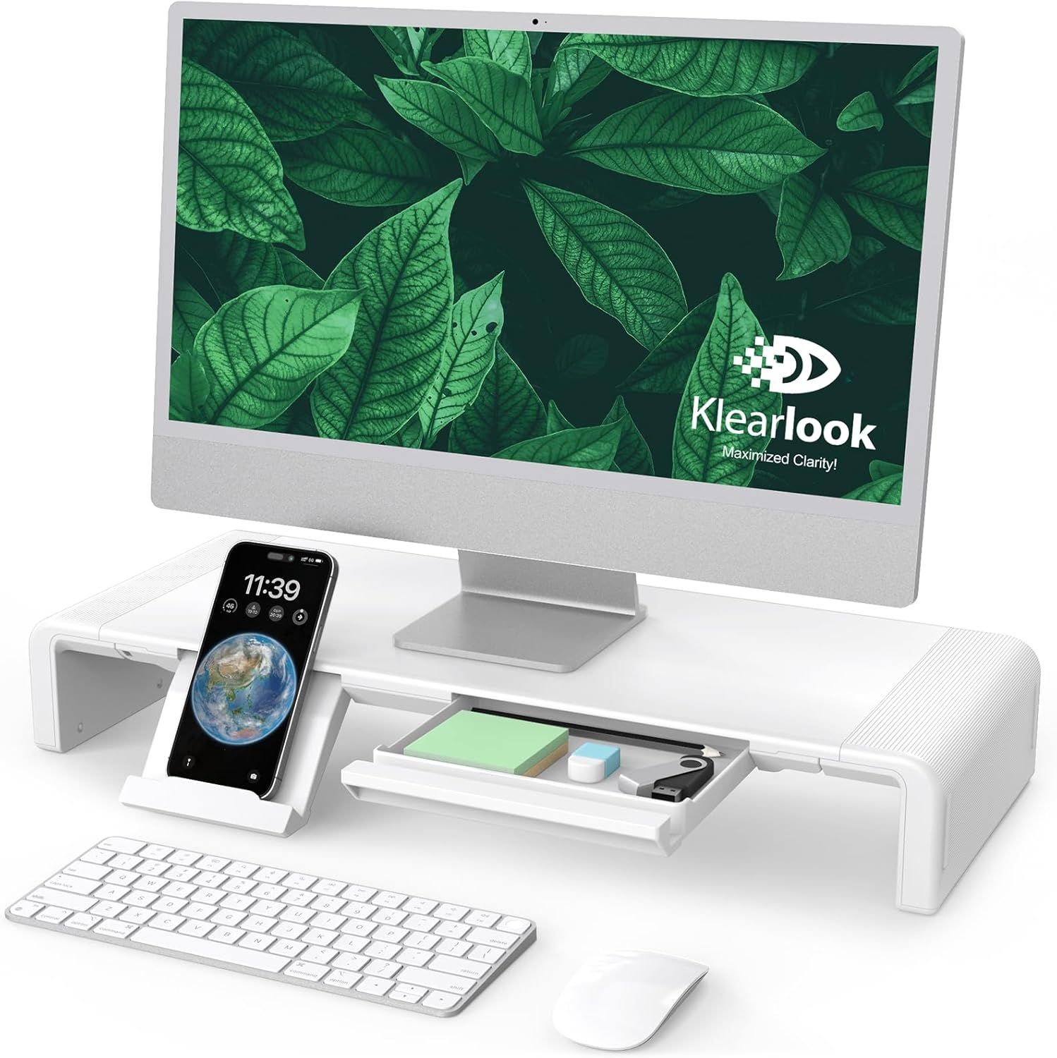 White Adjustable Foldable Monitor Stand with Storage Drawer