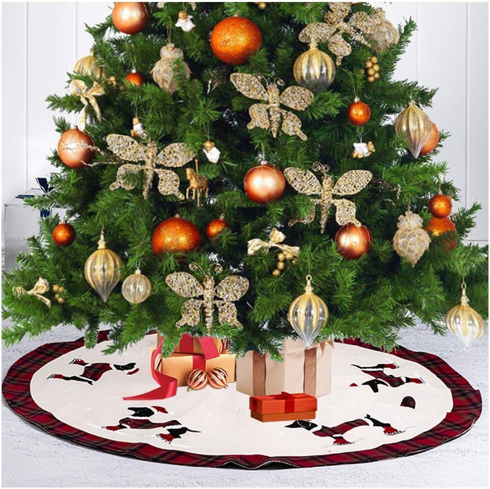 48" Embroidered Dachshund Christmas Tree Skirt with Plaid Edge